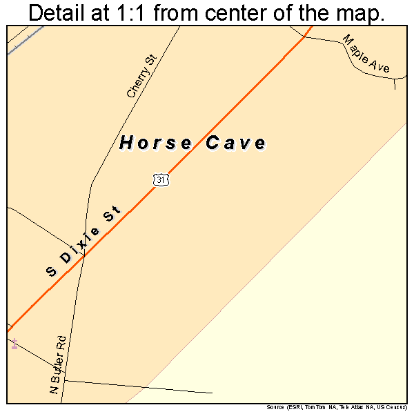 Horse Cave, Kentucky road map detail