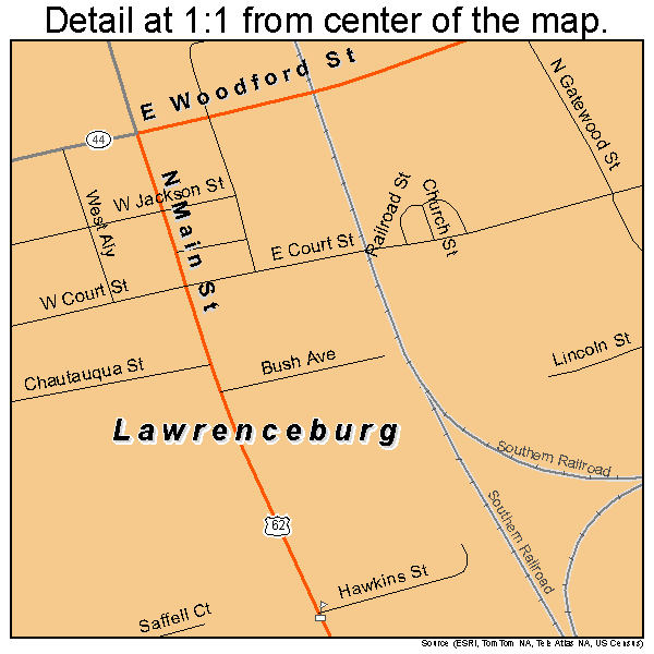 Lawrenceburg, Kentucky road map detail