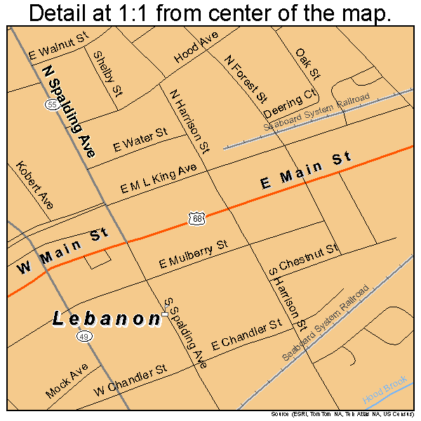 Lebanon, Kentucky road map detail