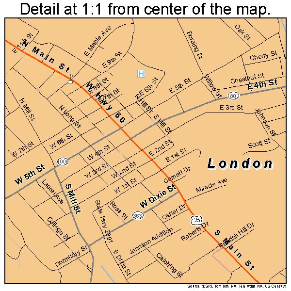 London, Kentucky road map detail