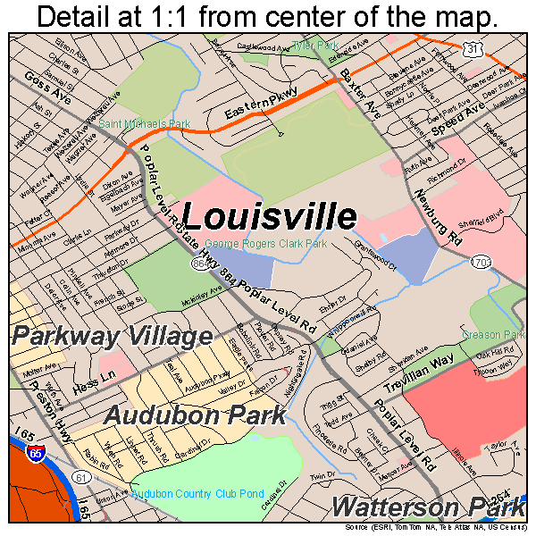 Louisville, Kentucky road map detail