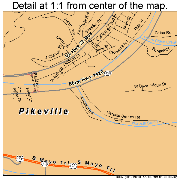 Pikeville, Kentucky road map detail