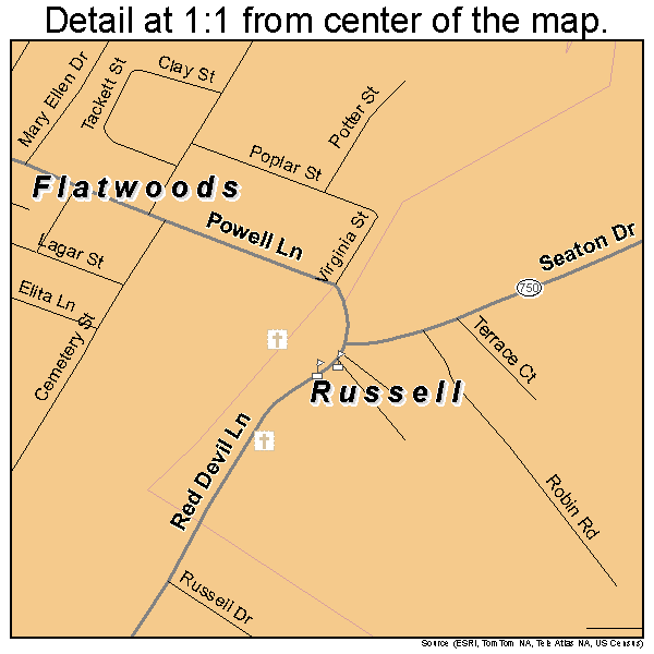 Russell, Kentucky road map detail