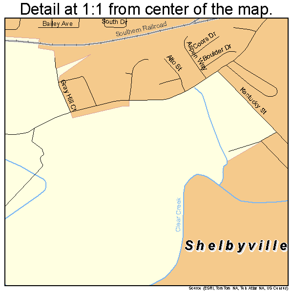 Shelbyville, Kentucky road map detail