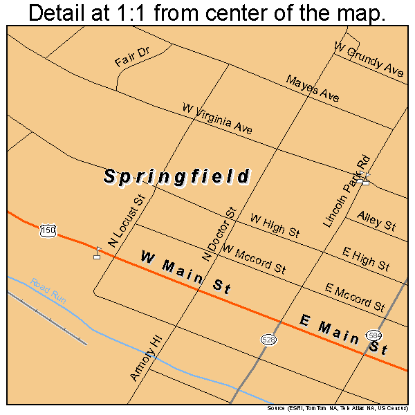 Springfield, Kentucky road map detail