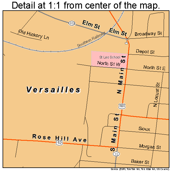 Versailles, Kentucky road map detail