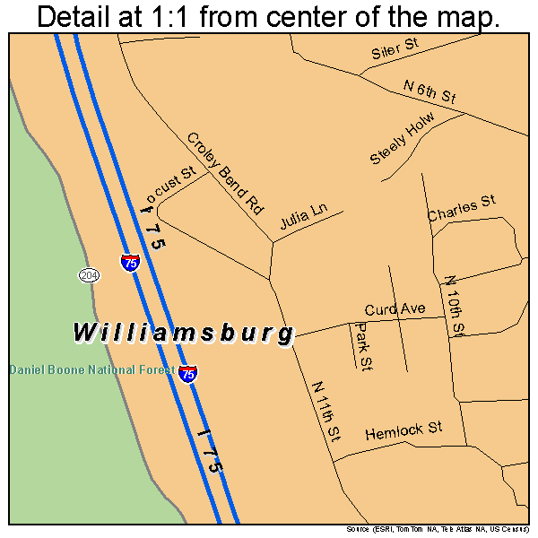 Williamsburg, Kentucky road map detail