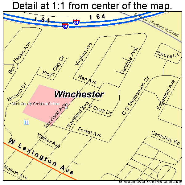 Winchester, Kentucky road map detail