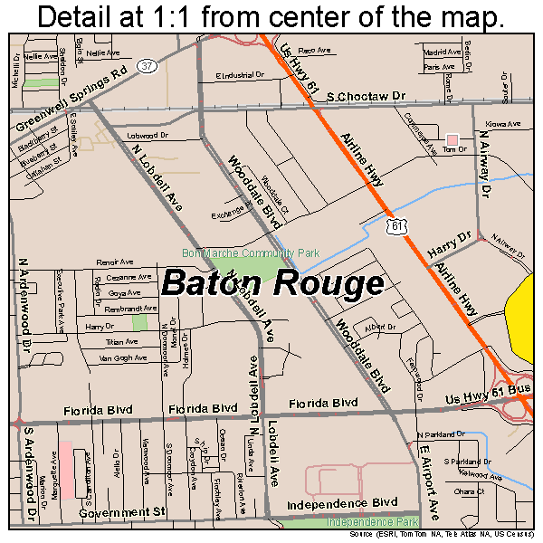 Baton Rouge, Louisiana road map detail