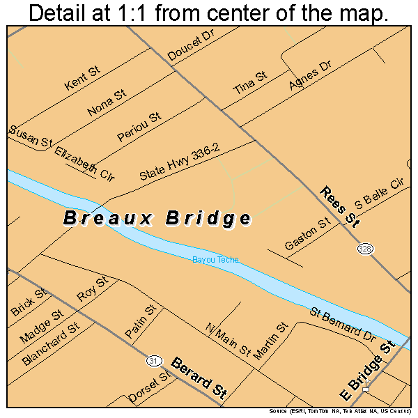 Breaux Bridge, Louisiana road map detail