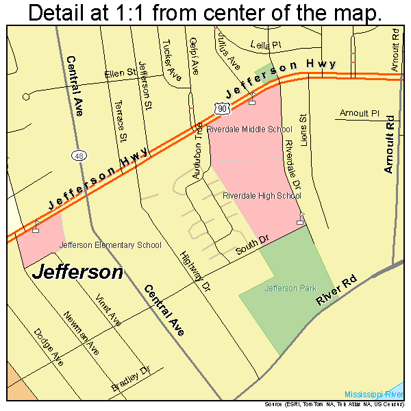 Jefferson, Louisiana road map detail