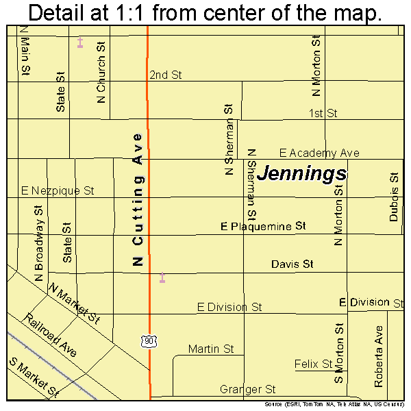 Jennings, Louisiana road map detail