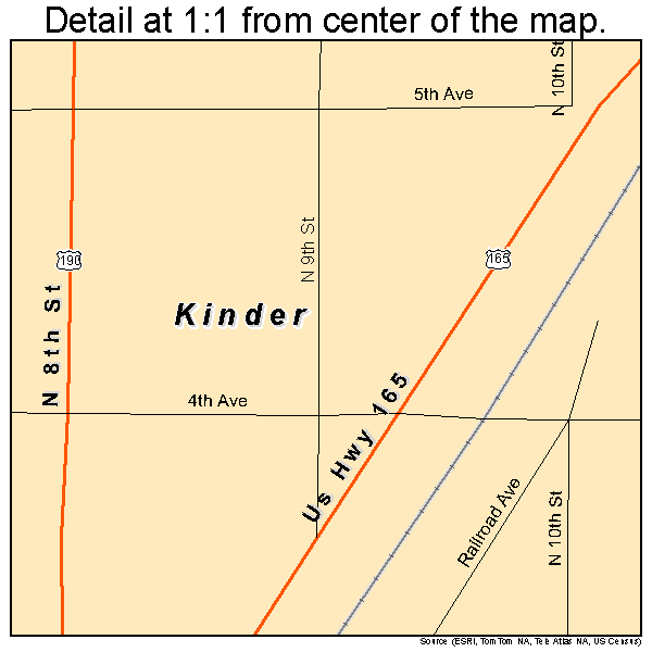 Kinder, Louisiana road map detail