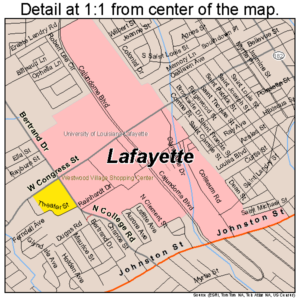 Lafayette, Louisiana road map detail