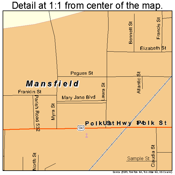 Mansfield, Louisiana road map detail
