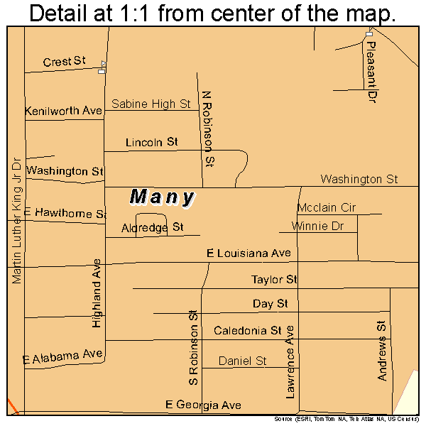 Many, Louisiana road map detail