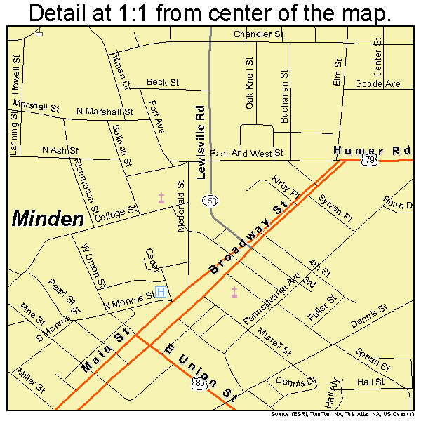 Minden, Louisiana road map detail