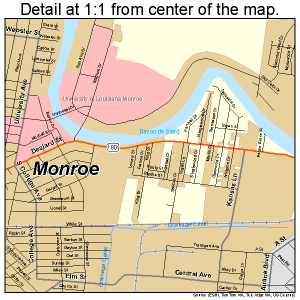 Monroe, Louisiana road map detail