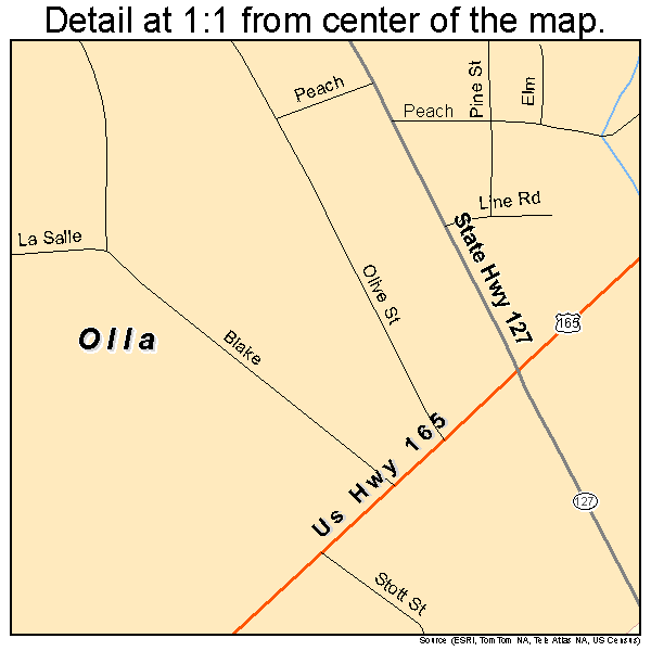 Olla, Louisiana road map detail