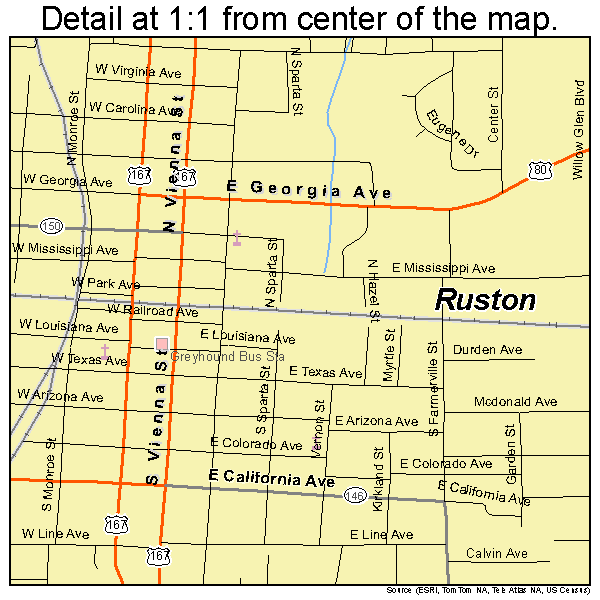 Ruston, Louisiana road map detail