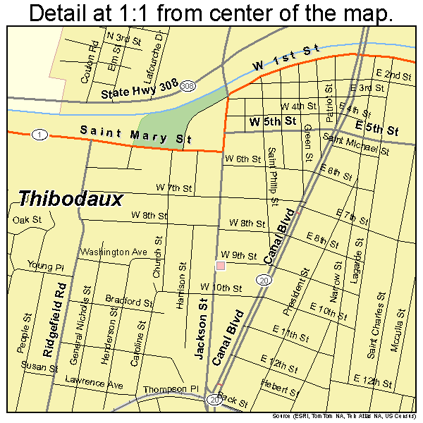 Thibodaux, Louisiana road map detail