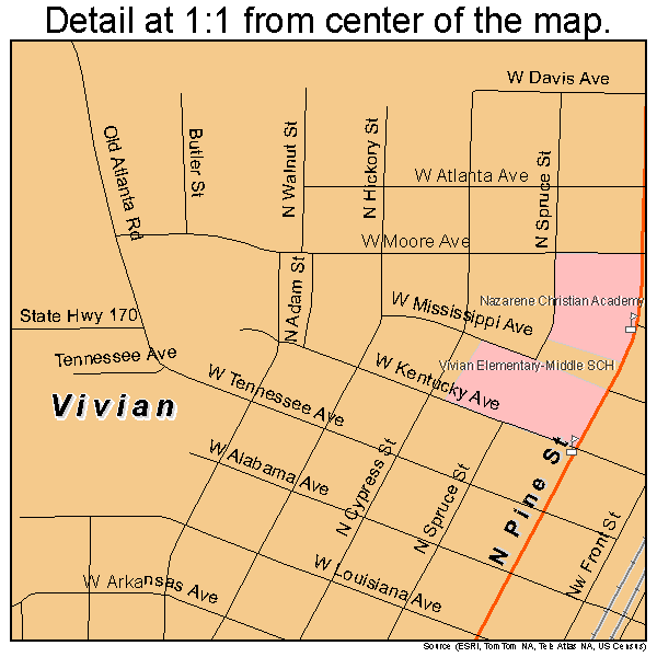 Vivian, Louisiana road map detail