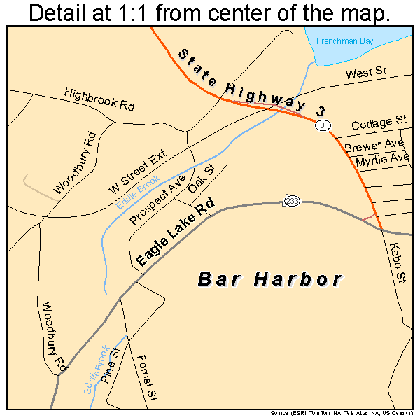 Bar Harbor, Maine road map detail