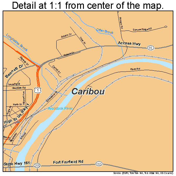 Caribou, Maine road map detail