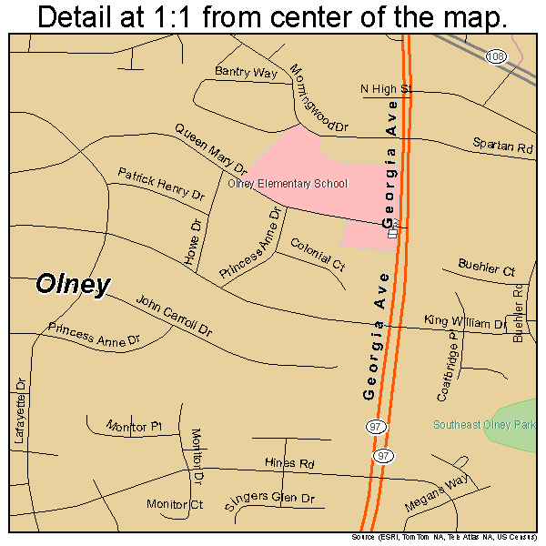 Olney, Maryland road map detail
