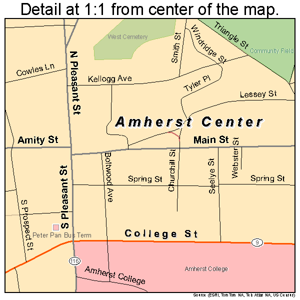 Amherst Center, Massachusetts road map detail