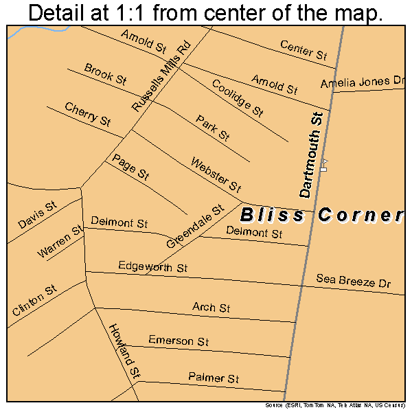 Bliss Corner, Massachusetts road map detail