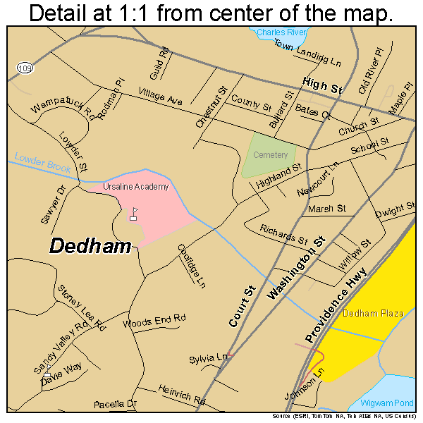 Dedham, Massachusetts road map detail
