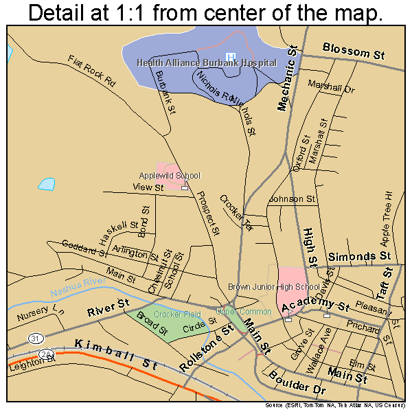Fitchburg, Massachusetts road map detail