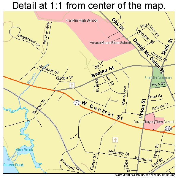 Franklin, Massachusetts road map detail