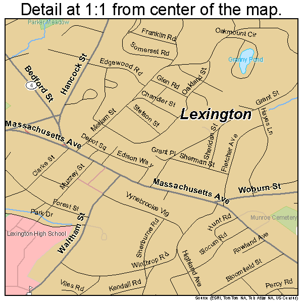 Lexington, Massachusetts road map detail