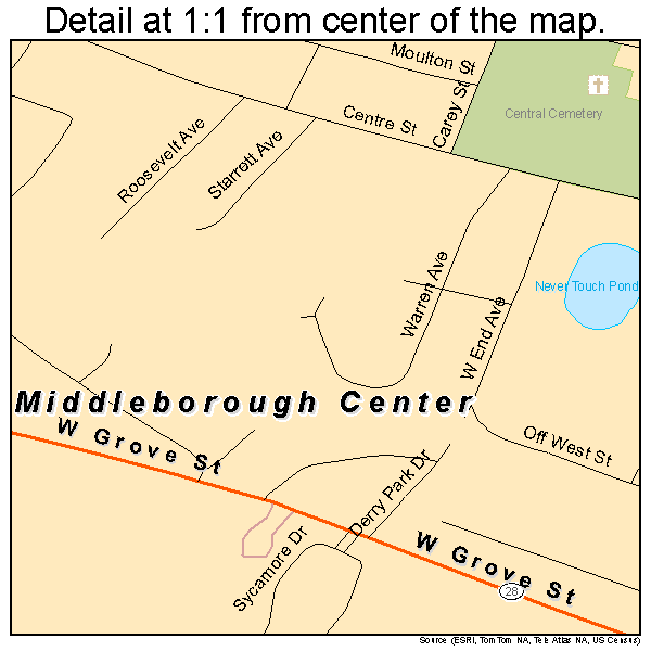 Middleborough Center, Massachusetts road map detail