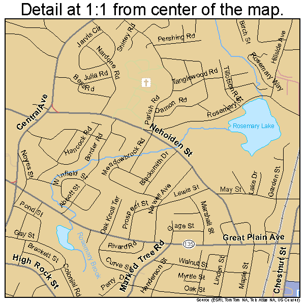 Needham, Massachusetts road map detail