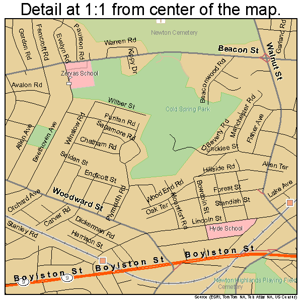 Newton, Massachusetts road map detail