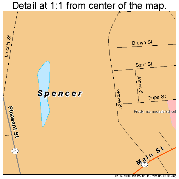 Spencer, Massachusetts road map detail