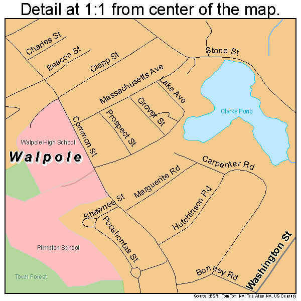 Walpole, Massachusetts road map detail