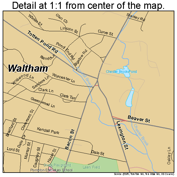 Waltham, Massachusetts road map detail