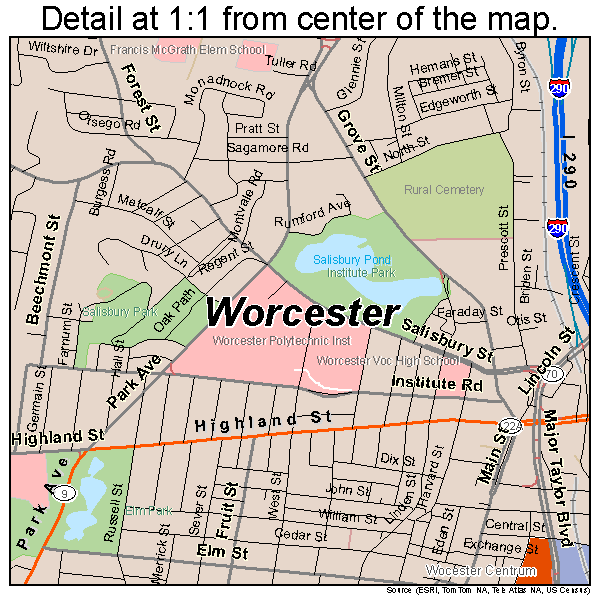 Worcester, Massachusetts road map detail