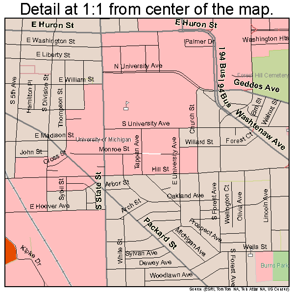 Ann Arbor, Michigan road map detail