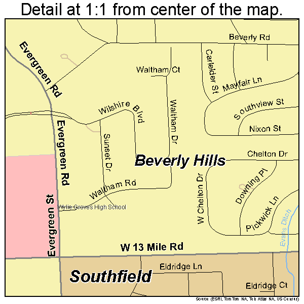 Beverly Hills, Michigan road map detail