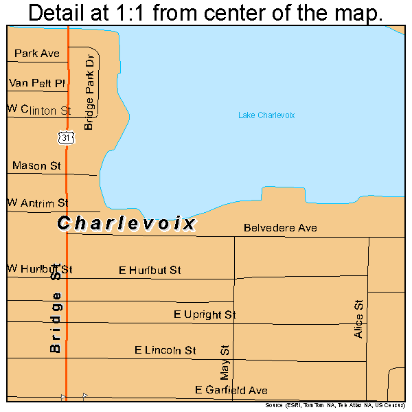 Charlevoix, Michigan road map detail