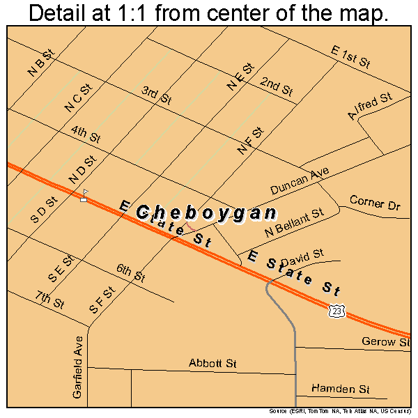 Cheboygan, Michigan road map detail