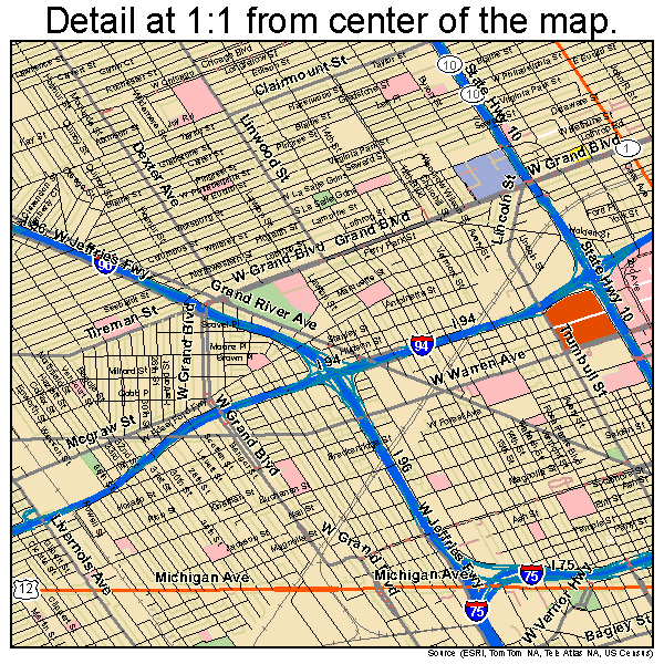 Detroit, Michigan road map detail