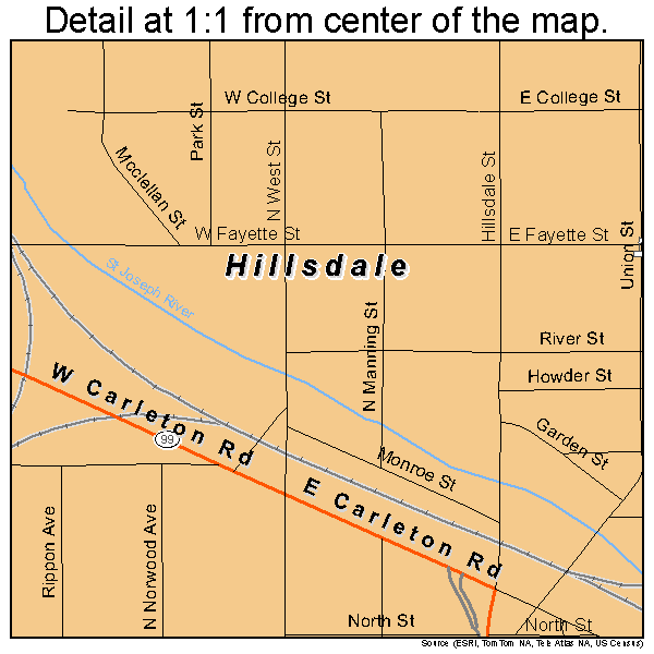 Hillsdale, Michigan road map detail