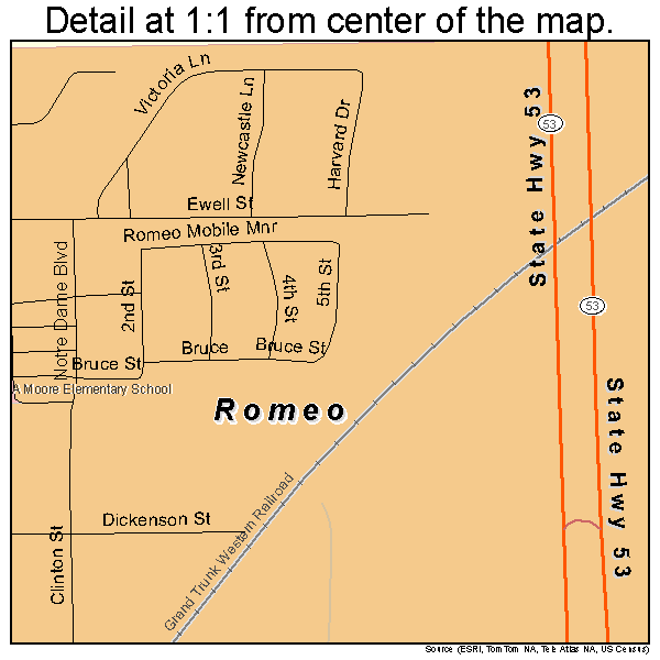 Romeo, Michigan road map detail