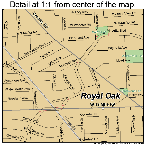 Royal Oak, Michigan road map detail